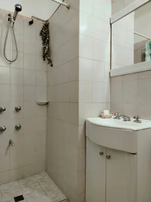 a white bathroom with a shower and a sink at Guemes270 in San Roque