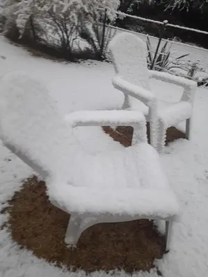 two benches covered in snow in a yard at Luz del Rincón in Merlo