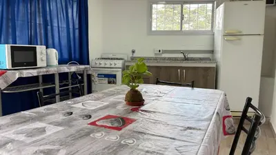 a kitchen with a table with a potted plant on it at Amanecer Serrano Carlos Paz in Villa Carlos Paz