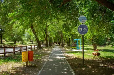 a path in a park with trees and a sign at Hermoso departamento a estrenar 3 in Alta Gracia