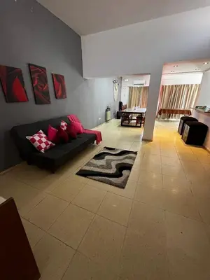 a living room with a black couch and red pillows at Apart Pilar in Pilar