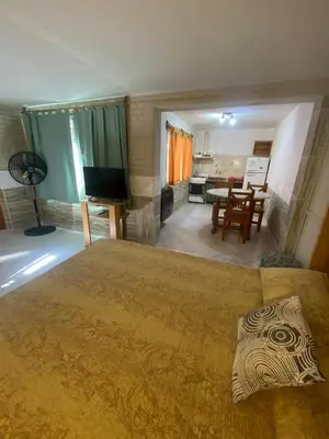 a bedroom with a large bed and a living room at Departamentos Altos del Puchuqui in Santa Rosa de Calamuchita