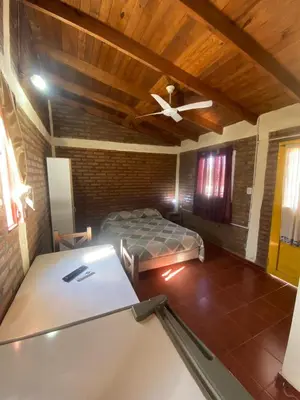 a bedroom with a bed and a ceiling fan at Departamentos Altos del Puchuqui in Santa Rosa de Calamuchita