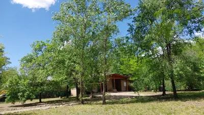 a cabin in the middle of a field with trees at Cabañas MACONDO in Villa Ciudad Parque