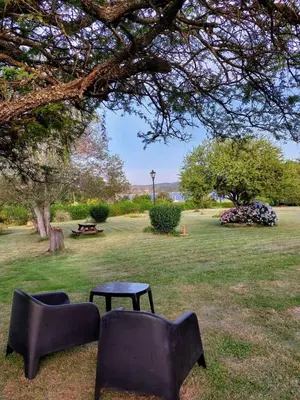 two chairs and a table under a tree at Casa con vista al lago en Potrero de Garay in La Estancia