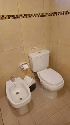 a bathroom with a toilet and a sink at Departamentos Atardecer Serrano in Arroyo de Los Patos