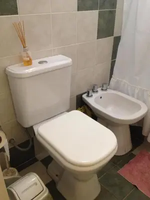 a bathroom with a white toilet and a sink at Cabaña La Lechuza en LAS RABONAS in Mina Clavero
