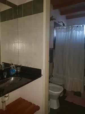 a bathroom with a toilet and a sink and a shower at Cabaña La Lechuza en LAS RABONAS in Mina Clavero
