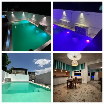 a collage of four pictures of a swimming pool at HueneyRuca in Mina Clavero
