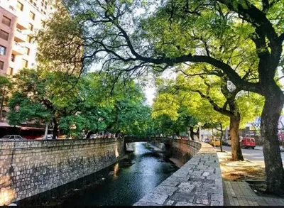 a river in a city with a bridge and trees at Departamento en la cañada in Cordoba