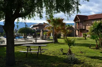 a picnic table under a tree in a park at Altos de Brochero Cabañas & Padel in Villa Cura Brochero