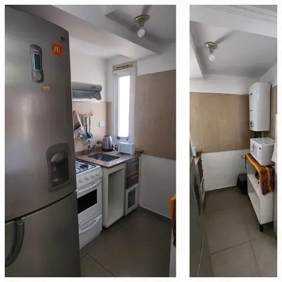 two pictures of a kitchen with a refrigerator and a sink at Villasol TOP in Cordoba