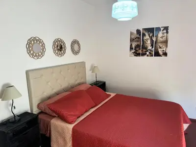 a bedroom with a bed with a red blanket at Alma mia in Villa Carlos Paz