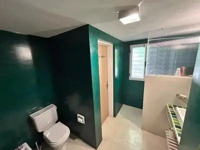 a bathroom with a toilet and a green wall at Casa La Loma in Los Reartes