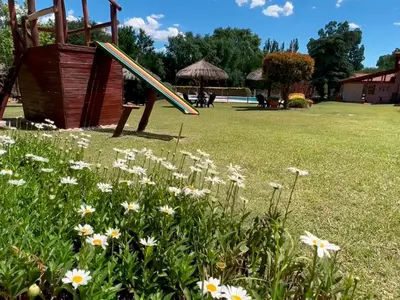 a playground with a slide in a field of flowers at Las Magnolias - Casas de Campo in Mina Clavero