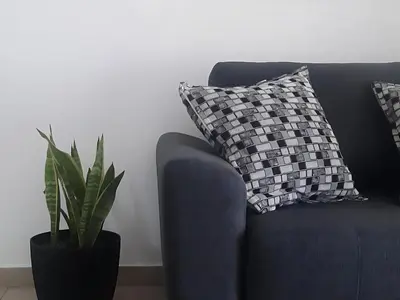 a blue couch with a pillow and a potted plant at Disfruta Córdoba en un departamento premium! in Cordoba
