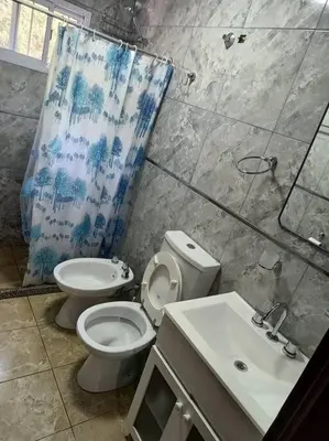 a bathroom with a toilet and a sink and a shower at Cabañas Los Ranqueles in Merlo