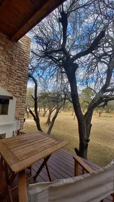 a wooden picnic table on a deck with a tree at El Principio Palace in Villa Cura Brochero