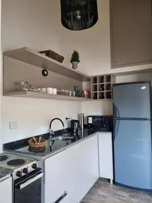 a kitchen with a refrigerator and a sink at Chalet REMANSO DE PAZ in Los Reartes