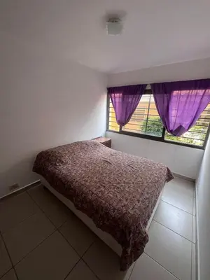 a bedroom with a bed and two windows with purple curtains at Departamentos Económicos Medrano in Villa Carlos Paz