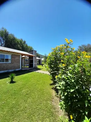 a yard with a house and some yellow flowers at Cabañas El Cardón in Santa Rosa de Calamuchita