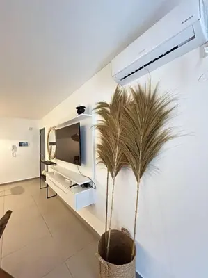 a living room with a tv and a palm tree at Viaggiato Jacinto Rios in Cordoba