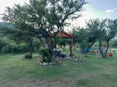 a gazebo with a picnic table under a tree at Cabaña los Lechusos in Cortaderas