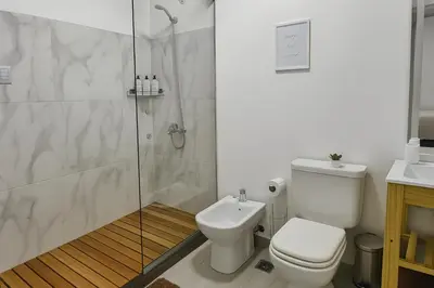 a white bathroom with a toilet and a shower at Atenea Residence in Cordoba