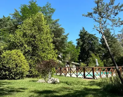 a garden with trees and a wooden fence at Cabañas Los Hornillos de Juli y Marce in Los Hornillos