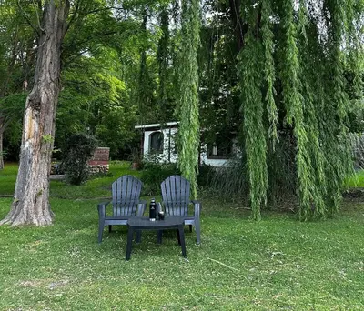 two chairs and a table in the grass next to a tree at Cabañas Los Hornillos de Juli y Marce in Los Hornillos