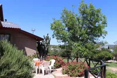 a patio with chairs and a tree next to a house at Kentitaku cabañas de montaña in Las Rabonas