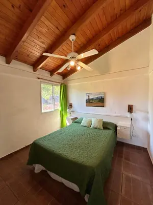 a bedroom with a green bed and a ceiling fan at Kentitaku cabañas de montaña in Las Rabonas