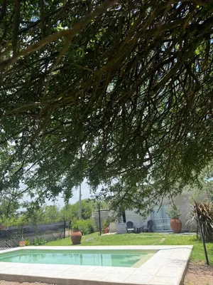 a swimming pool in a yard with a tree overhead at SuiteMilSueños in Mina Clavero