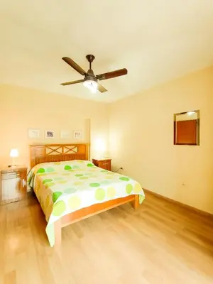 a bedroom with a bed and a ceiling fan at Edificio en Avenida Libertad in Villa Carlos Paz