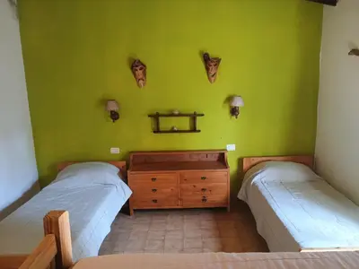 two beds in a room with green walls at Casa Aurelia, San Javier, Córdoba in San Javier