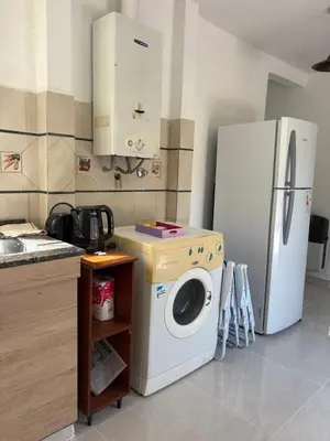 a kitchen with a washing machine and a refrigerator at Departamento Roxi in Cordoba