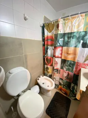 a bathroom with a toilet and a shower curtain at LitStay Paraná in Cordoba