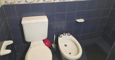 a bathroom with a white toilet and a sink at Cabañas La Petunia in Santa Rosa de Calamuchita