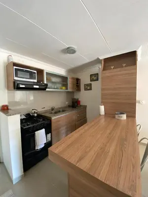 a kitchen with a stove and a counter top at Depto Centrico Exclusivo in Villa Carlos Paz