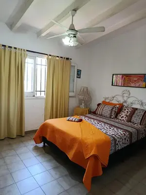 a bedroom with a bed and a ceiling fan at Casa y cabaña de Gachy in Villa Carlos Paz
