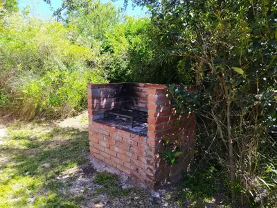 a brick fireplace in the grass next to a tree at Sol de Los Nogales in Merlo