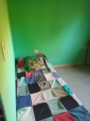 a bed in a room with a green wall at Casa con gran jardín a 100 mts del Río Amboy in Villa Amancay