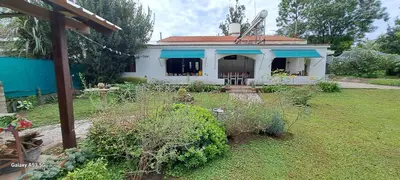 a small white house with a blue roof at Casa de campo EL LULI in La Bolsa