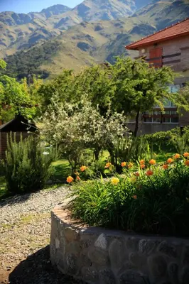 a garden with flowers and plants in front of a house at INCA HUASI - Cabañas de Altura in El Rincón