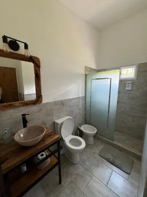 a bathroom with a sink and a toilet and a mirror at Cabañas Cuesta in Cordoba