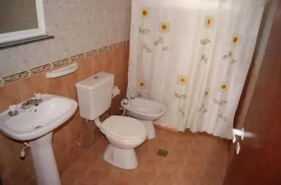 a bathroom with a toilet and a sink and a shower curtain at Cabañas Raices in Mina Clavero