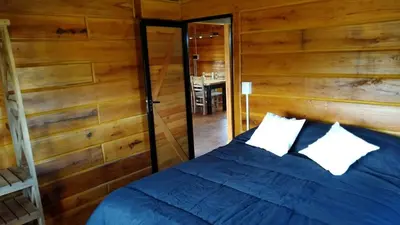 a bedroom with a blue bed with a wooden wall at La Eugelina in Santa Rosa de Calamuchita