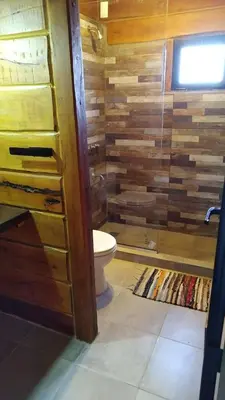 a bathroom with a toilet and a wooden wall at La Eugelina in Santa Rosa de Calamuchita
