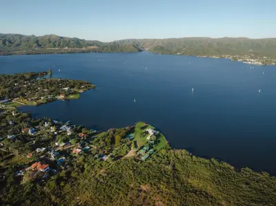 an aerial view of a large body of water at Cabaña Ari in Villa Santa Cruz del Lago