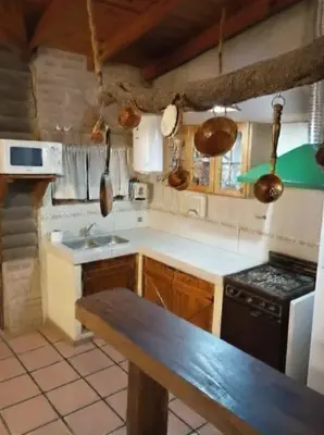 a kitchen with a sink and a stove at Cabaña Ari in Villa Santa Cruz del Lago